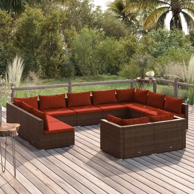Set di divani da giardino a forma di U vidaXL composto da 11 pezzi con cuscini in polyrattan marrone e rosso e struttura in metallo