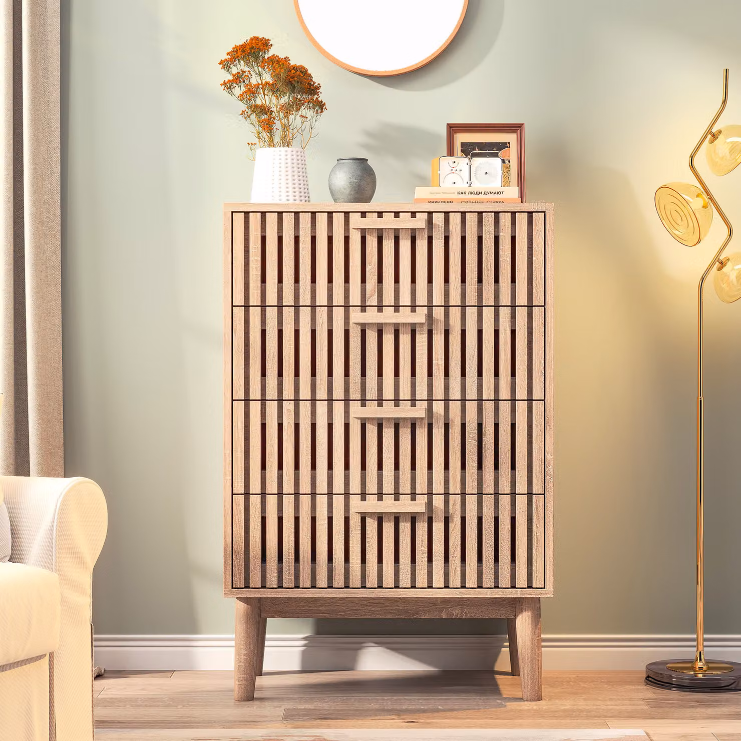 Cassettiera Fortuna Lai con 4 cassetti, credenza in legno, mobile in piedi, 60x34x91cm, rovere