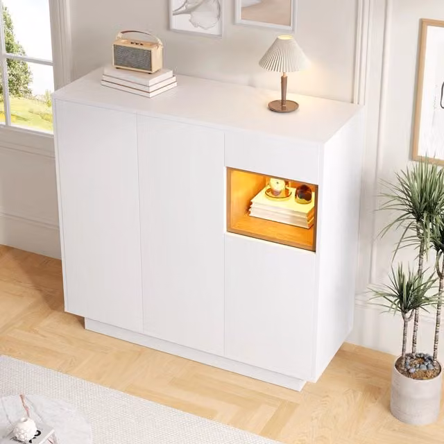 Scarpiera LED 16 colori con cassetto, ripiani regolabili e vani aperti per ingresso, in truciolare bianco naturale