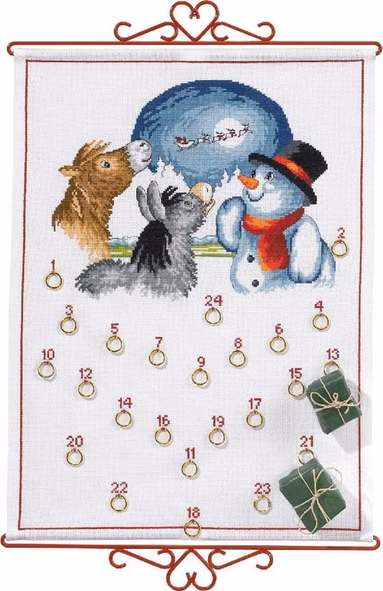 Set di motivi per punto croce "Calendario dell'Avvento, pupazzo di neve con animali", schema, 38x52 cm