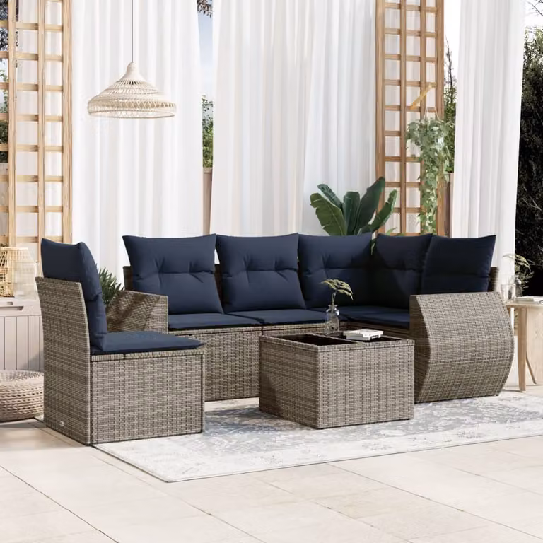 Set da giardino vidaXL in polyrattan grigio con 6 pezzi, divano a L con cuscini e tavolino da esterno