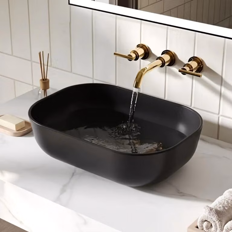 Lavabo da appoggio - Lavabo - Forma ovale - Vetroceramica - 9 litri - Senza foro per rubinetto - 50 x 40 x 14,5 cm - Nero