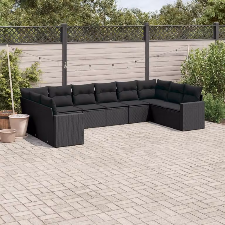 vidaXL Set Divani da Giardino 10 Pezzi in Polyrattan Nero con Cuscini Imbottiti e Rivestimenti Rimovibili