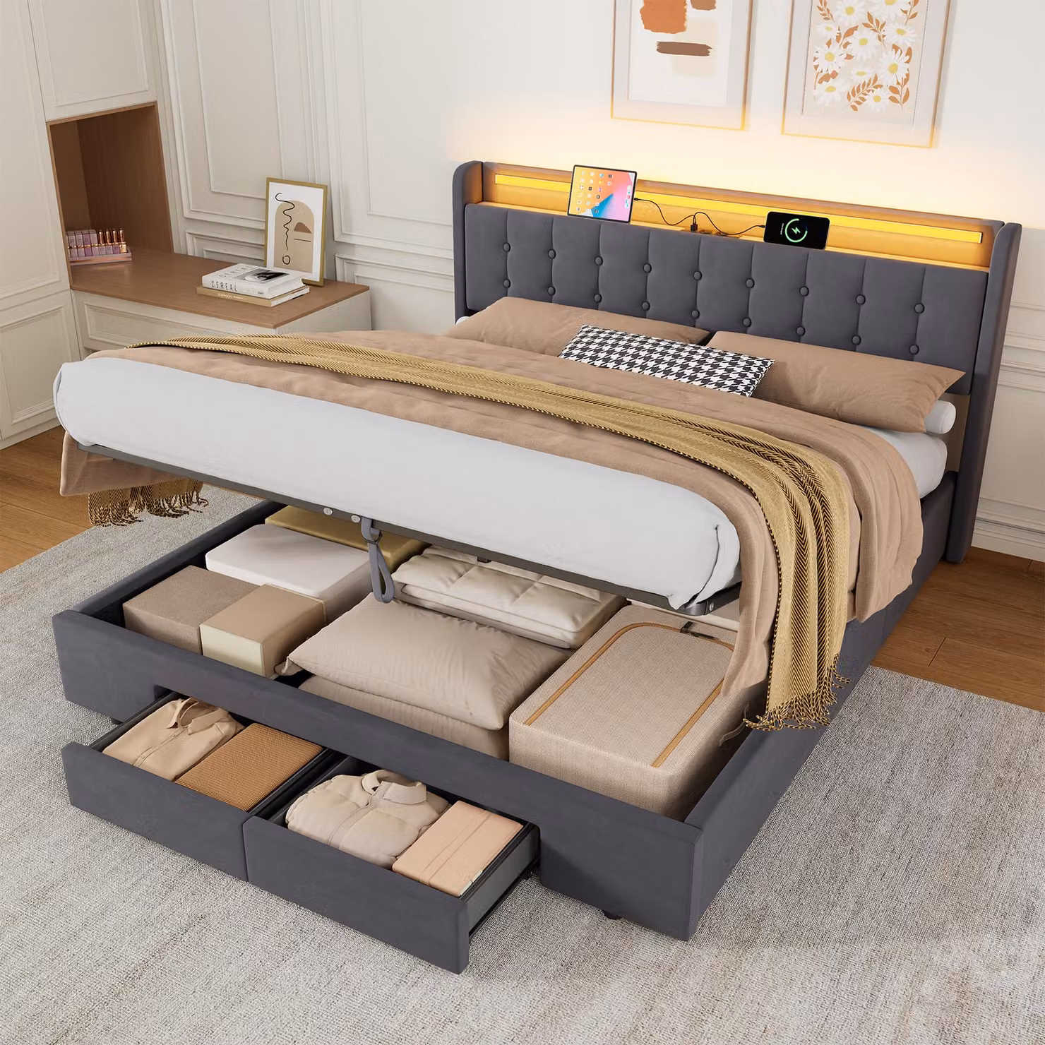 MODFU, letto idraulico imbottito, 180x200 cm, letto matrimoniale con 2 cassetti, testiera LED, cassetti, spazio contenitivo, struttura del letto senza materasso, colore grigio