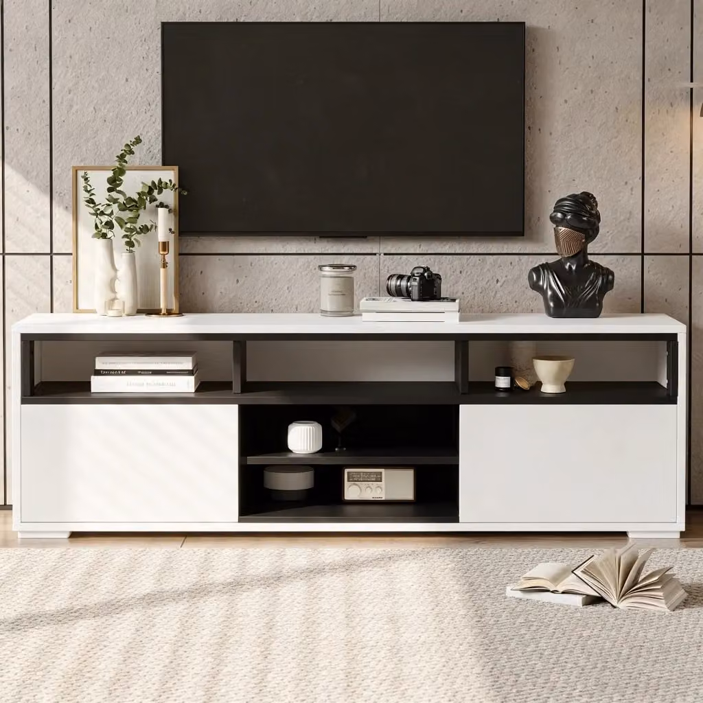 Mobile TV moderno SINGULARTY in MDF lucido con illuminazione LED integrata, bianco e nero, L/P/H: 150 x 35 x 50 cm – 2