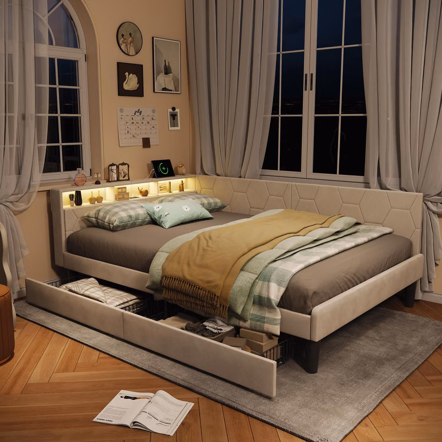 ProximaX Comodo letto imbottito 140x200 cm con cassetti integrati e morbido rivestimento in velluto per camere da letto accoglienti, beige