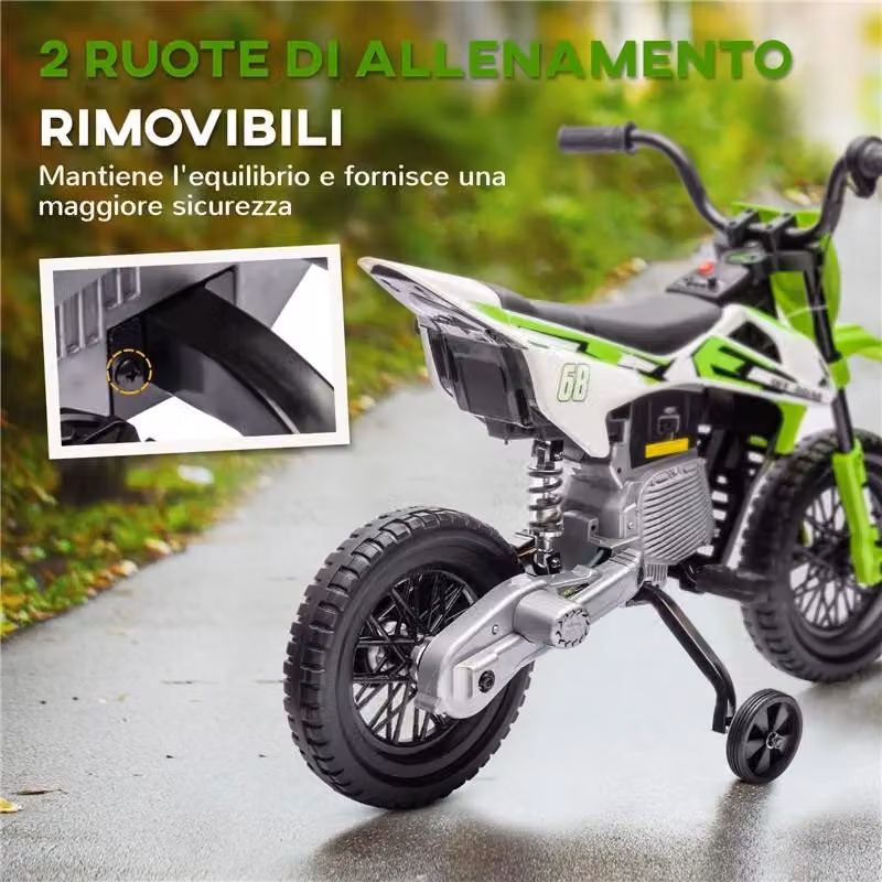 Moto elettrica per bambini con rotelle, indicatori di carica, luci e suoni, in plastica e metallo, colore verde, L: 107 cm, P: 56 cm, H: 70 cm – 2