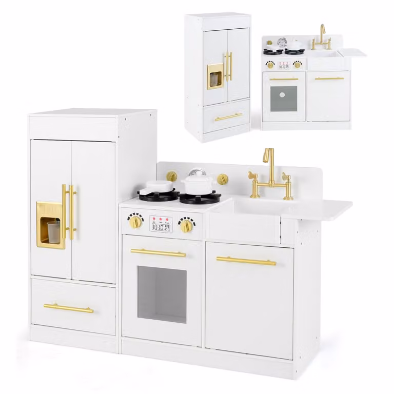 Set da cucina giocattolo in legno Costway con frigorifero e lavastoviglie per bambini, Bianco