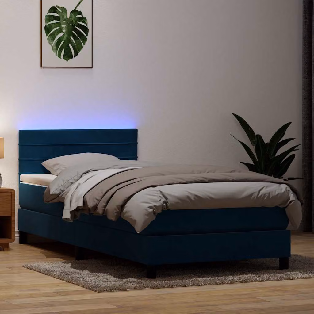 Letto a molle con materasso ibrido vidaXL in velluto blu scuro con illuminazione LED e porta USB, L 80 cm x P 223 cm