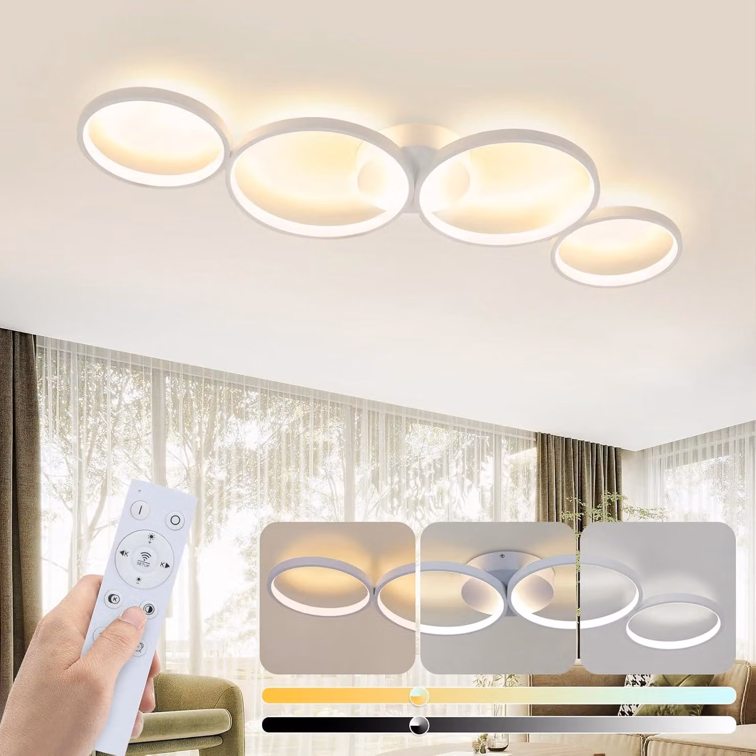 ZMH Lampada da soffitto a LED bianca dimmerabile con telecomando, design moderno a 4 fasci luminosi in ottica circolare, lampada da soffitto rotonda da 55 W