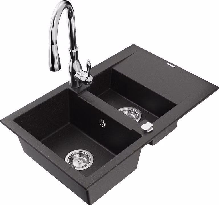 Mexen Gaspar lavello in granito 1,5 vasche con scolapiatti e miscelatore da cucina Savita, nero/oro - 6507-75-672601-00