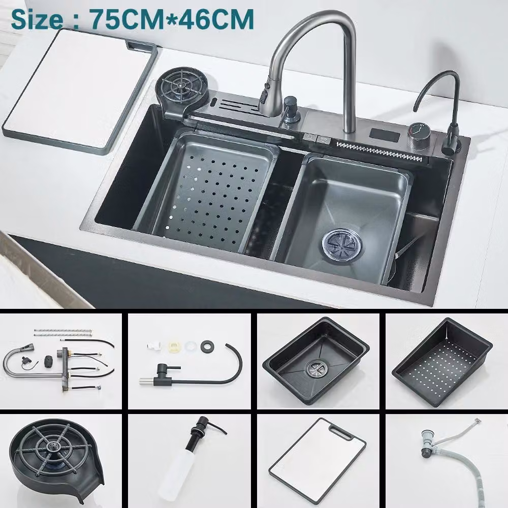 Lavello da cucina a cascata - Vasca rettangolare singola - Acciaio inossidabile 304 - Lavello da incasso - Con rubinetto, display digitale e controllo touch - Grigio spazzolato, modello D2-Y