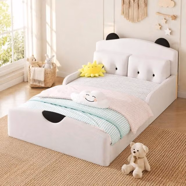 Letto imbottito bianco 140x200 cm con testiera a orsetto e 2 cuscini