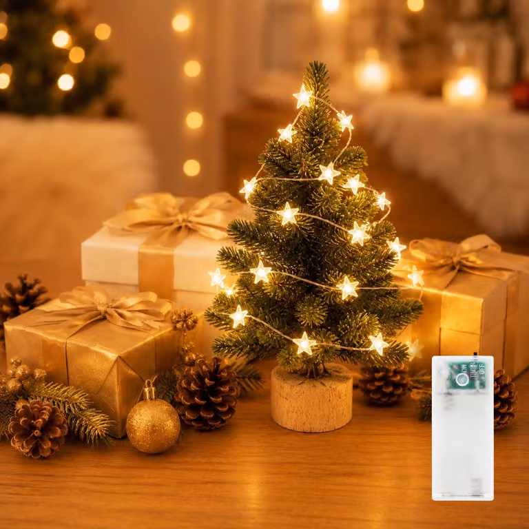 Catena luminosa a forma di stella, 1 metro, 20 LED, luce bianco caldo, timer, grado di protezione IP44