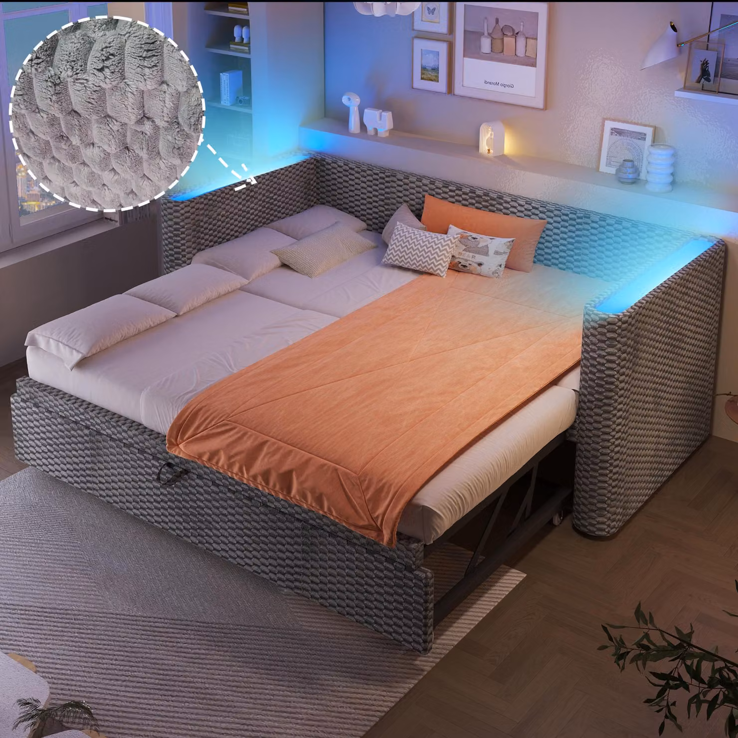 Divano letto 90 x 200 cm, trasformabile fino a 180 x 200 cm, con illuminazione LED controllabile tramite app, rete a doghe, rivestito in velluto, colore grigio
