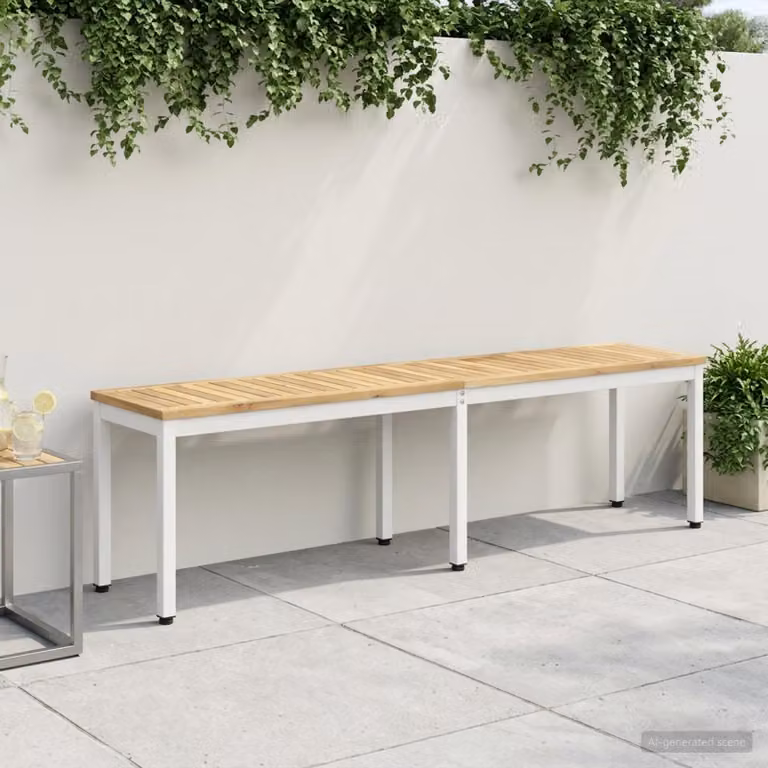 Panchina da giardino vidaXL in legno di acacia massello e metallo, stile rustico, colore bianco, L 161 x P 35 x H 45 cm