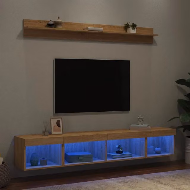 Mobile TV da parete vidaXL in legno multistrato con illuminazione LED integrata, Rovere Sonoma, Marrone e Beige