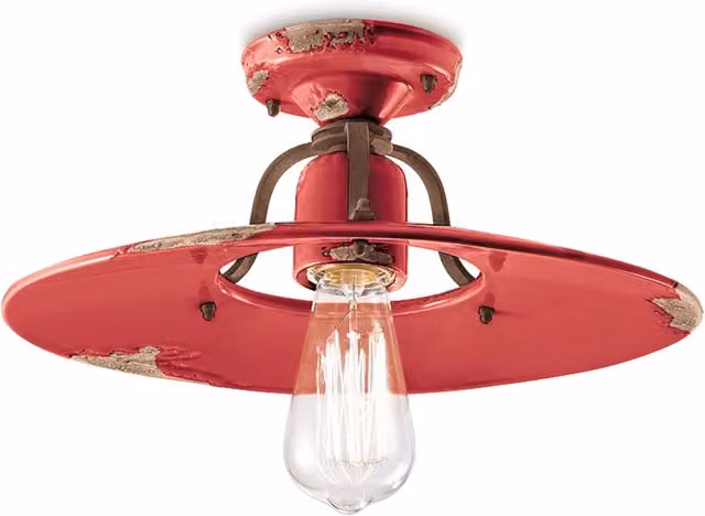 Plafoniera Vintage Country Ferro E Ceramica Rosso 1 Luce E27