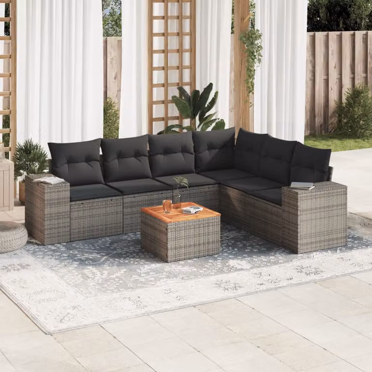 Set di divani da giardino vidaXL a forma di L in polyrattan grigio con cuscini e tavolino da esterno