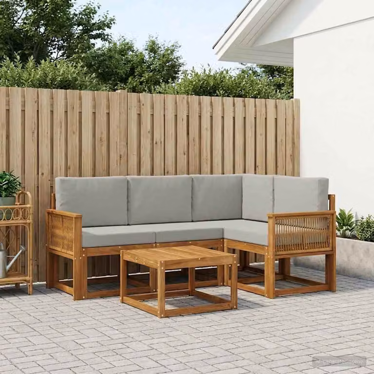 vidaXL Set di divani da esterno a forma di L con tavolino da caffè, in legno di acacia trattato, beige e grigio
