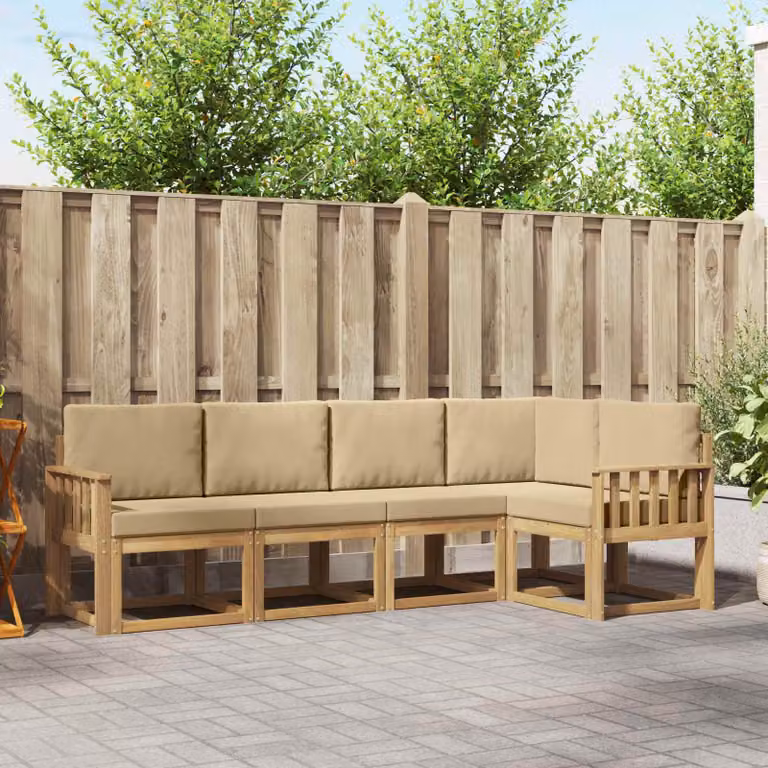 Set di divani da esterno vidaXL a forma di L in legno di acacia con cuscini, Bianco, Beige e Marrone
