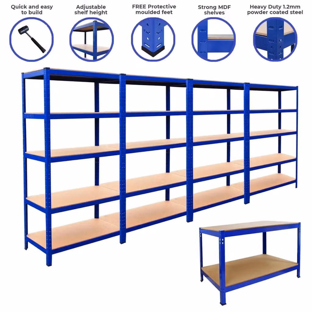 Set Monster Racking composto da 4 scaffali e un banco da lavoro in acciaio e legno, colore blu, L/P/H: 120 x 60 x 200 cm – 2