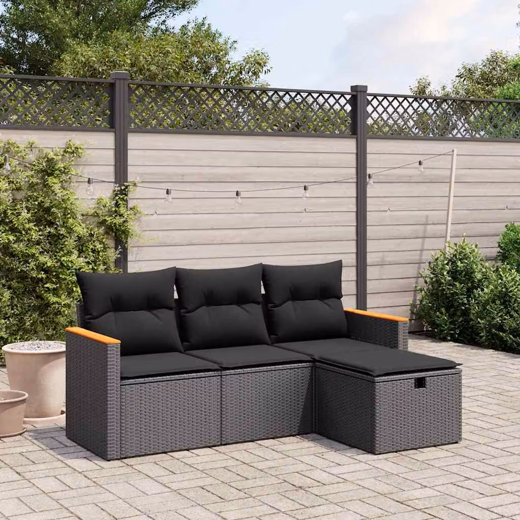 vidaXL Set Divani da Giardino a L con Cuscini Nero in Polyrattan e Struttura in Acciaio – 1