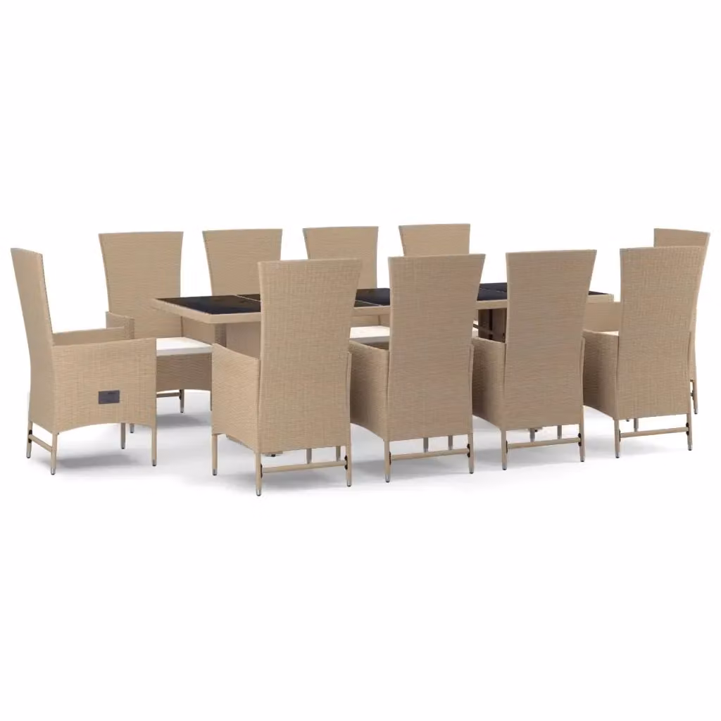 Set da pranzo da giardino vidaXL in polyrattan e legno di acacia con cuscini beige e tavolo in vetro, 11 pezzi – 2