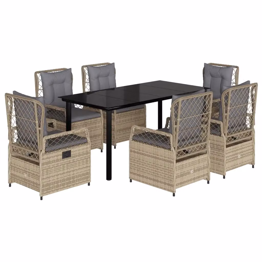 Set da Pranzo da Giardino vidaXL in Polyrattan con Cuscini Beige e Tavolo in Vetro, 7 Pezzi – 2