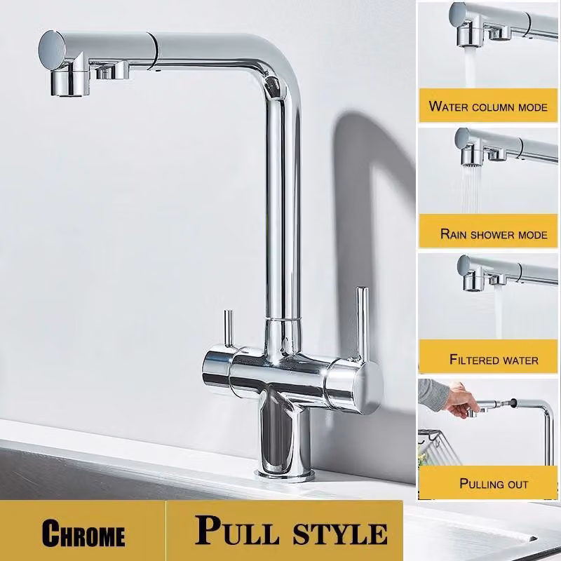 Miscelatore per lavello con filtro dell'acqua - Miscelatore da cucina estraibile - Bocchetta a doppio getto girevole a 360° - Acqua calda e fredda - Installazione monoblocco - Cromato