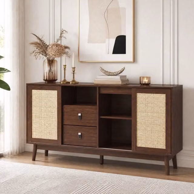 Sideboard con 3 ante scorrevoli in rattan e 2 cassetti; 155x38x80 cm; effetto legno