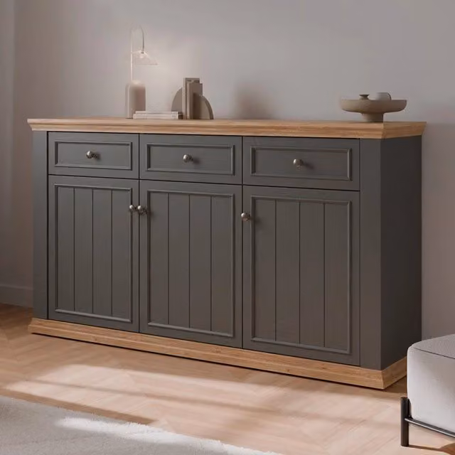 Madia Essenza 3 Ante e 3 Cassetti Grigio Scuro e Rovere 169 cm – Stile Classico Moderno