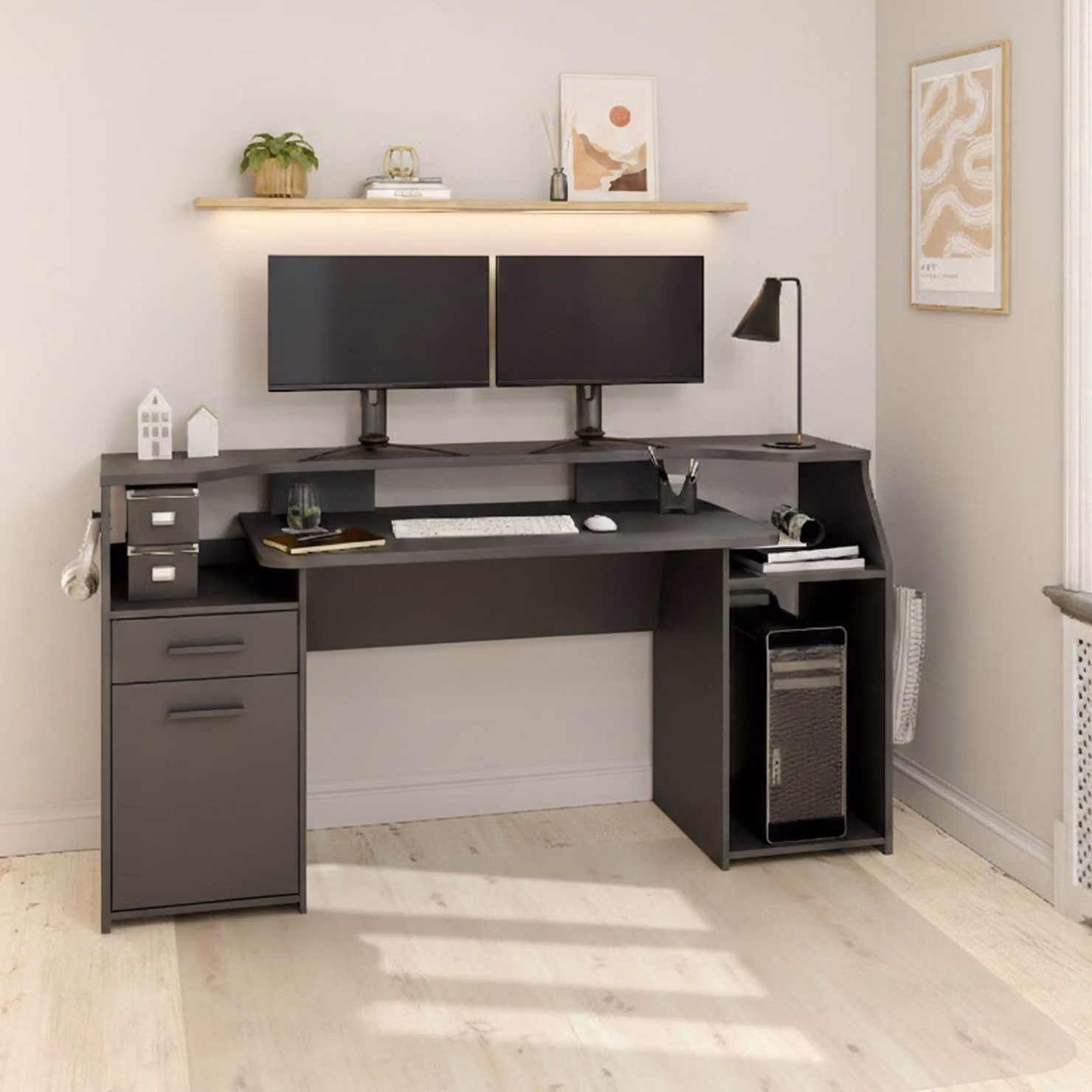 Dmora Scrivania Zennithor 62.2x171x89.2h cm Grigio, Un'anta un Cassetto