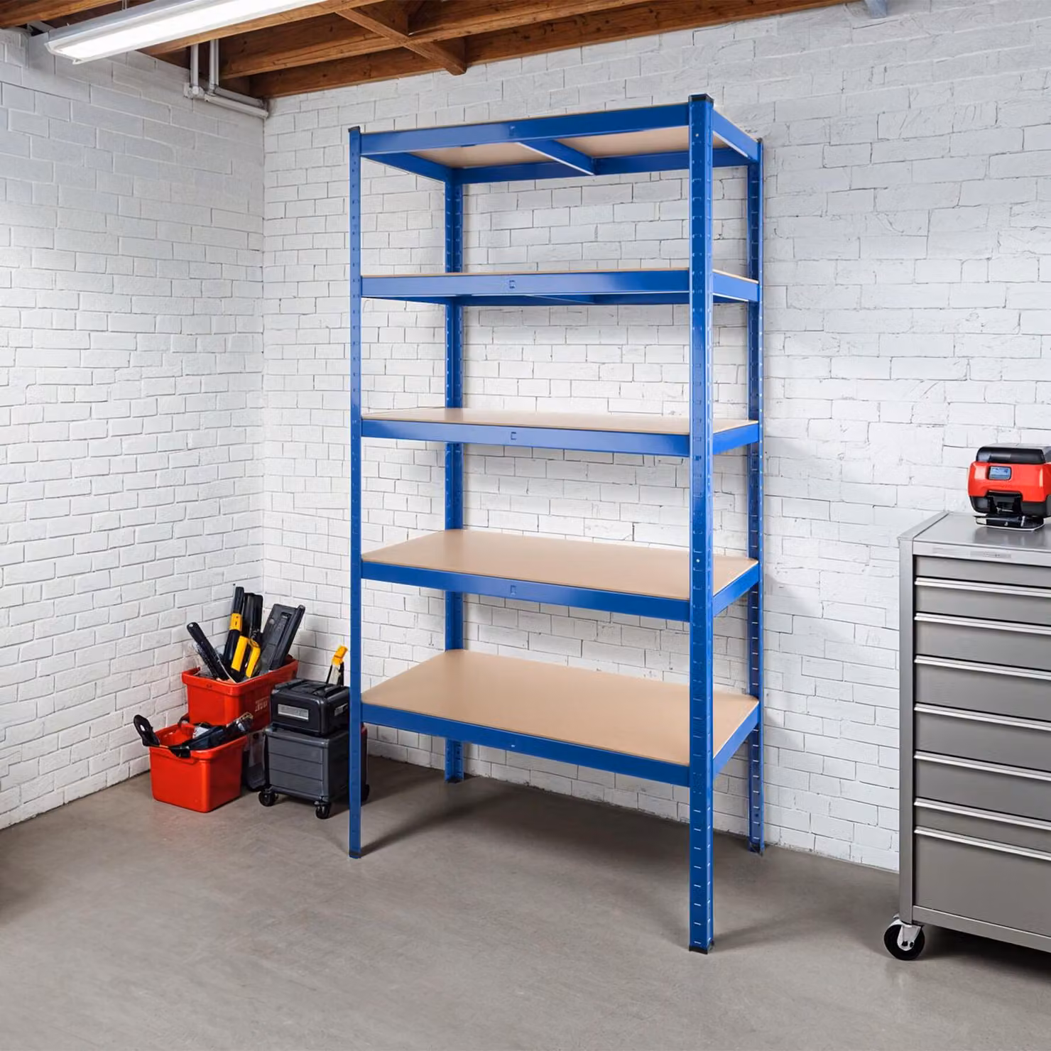 Scaffale da magazzino tectake in acciaio blu a 5 piani, L: 180,5 cm, P: 90,5 cm, H: 45,5 cm – 2