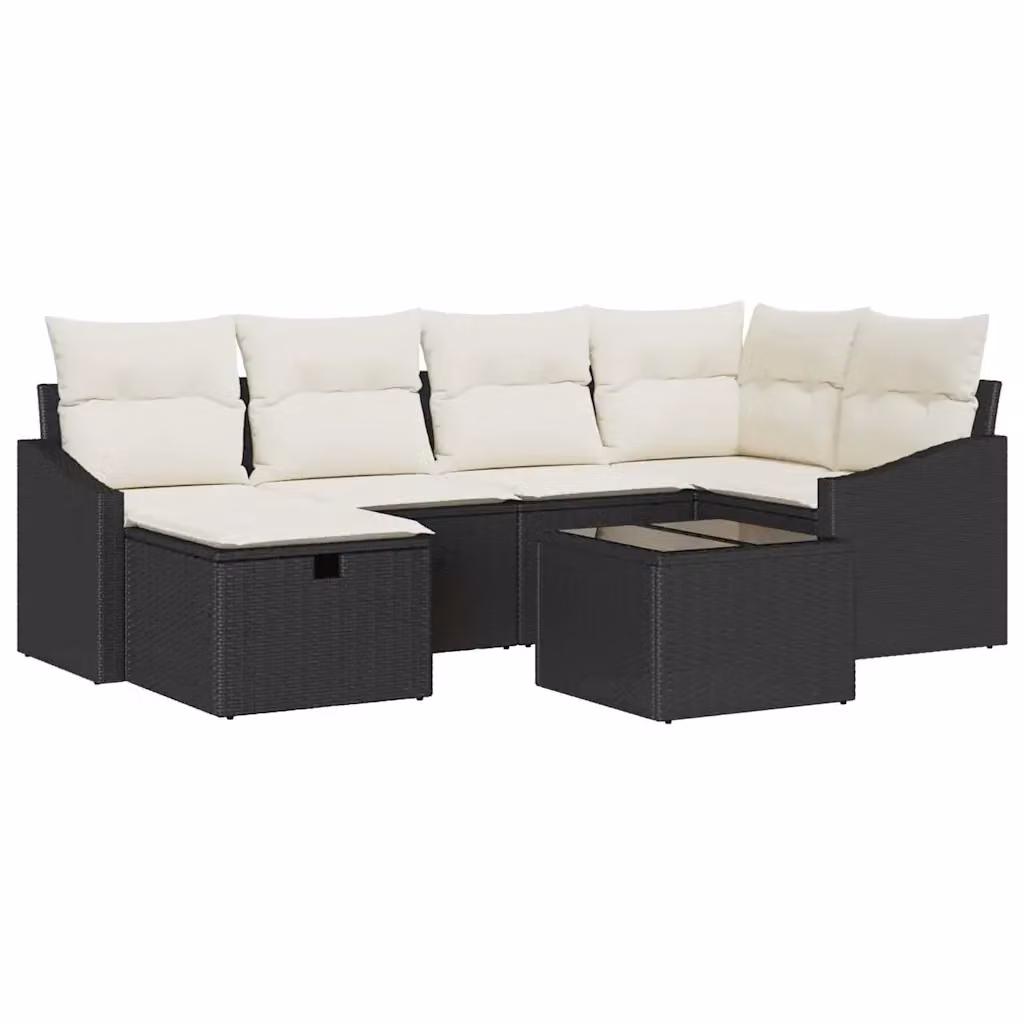 Set da giardino vidaXL composto da 7 pezzi con divano a L, poltrone, tavolino e pouf in rattan e acciaio nero e beige – 2