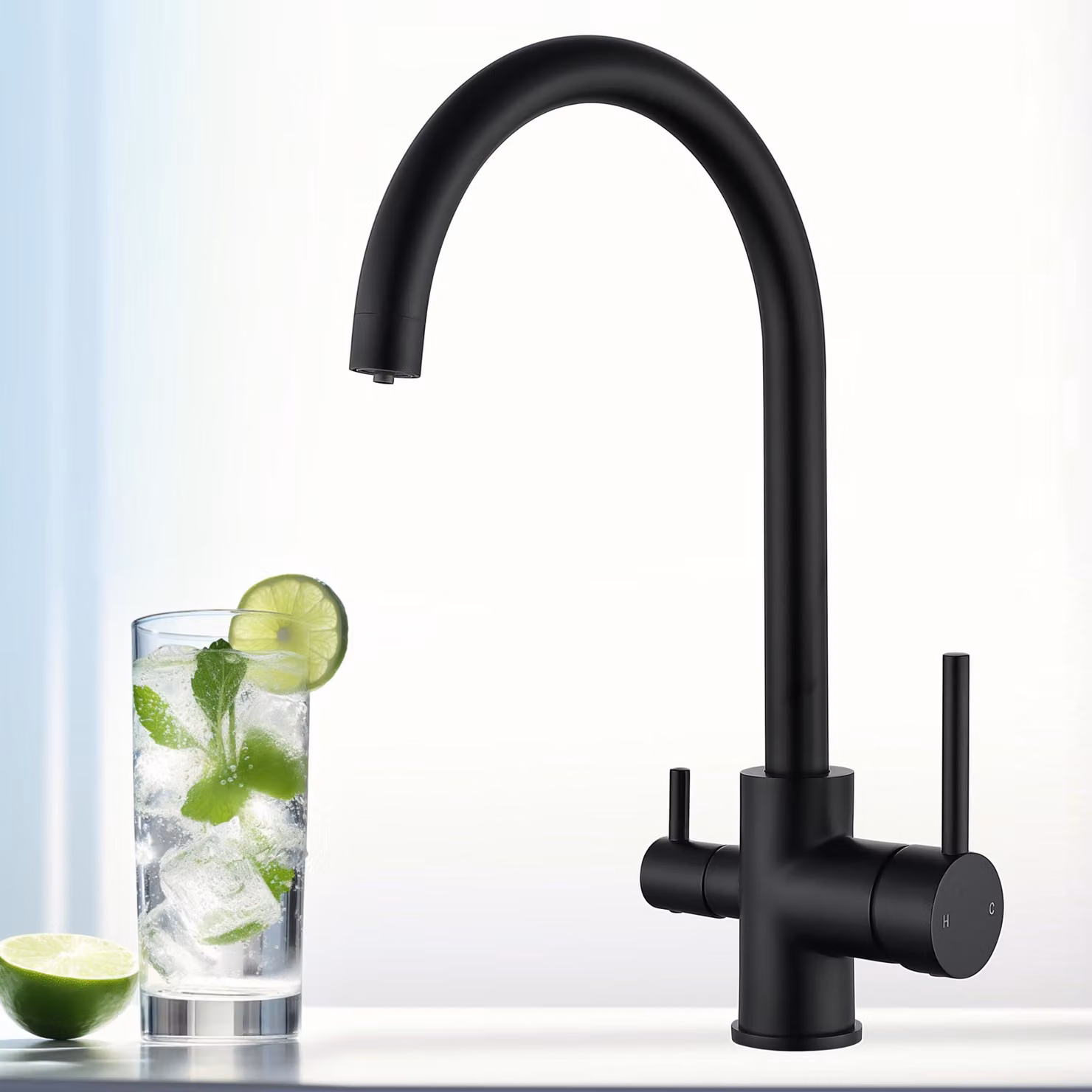 Rubinetto filtro per acqua a 3 vie, 3 in 1, miscelatore da cucina, girevole, nero