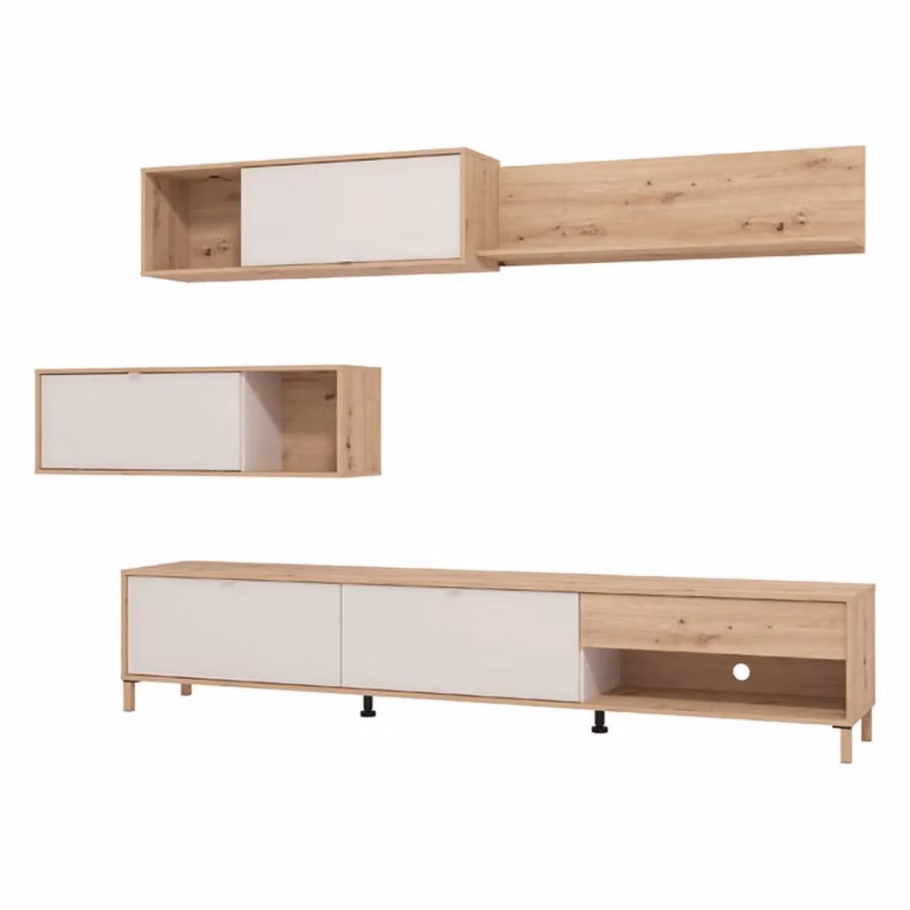 Parete Attrezzata Mobile Soggiorno Alunzio DMORA, Design Moderno con 5 Ripiani e Ante, Colore Bianco e Beige, L: 234 cm, P: 40 cm, H: 178 cm – 2