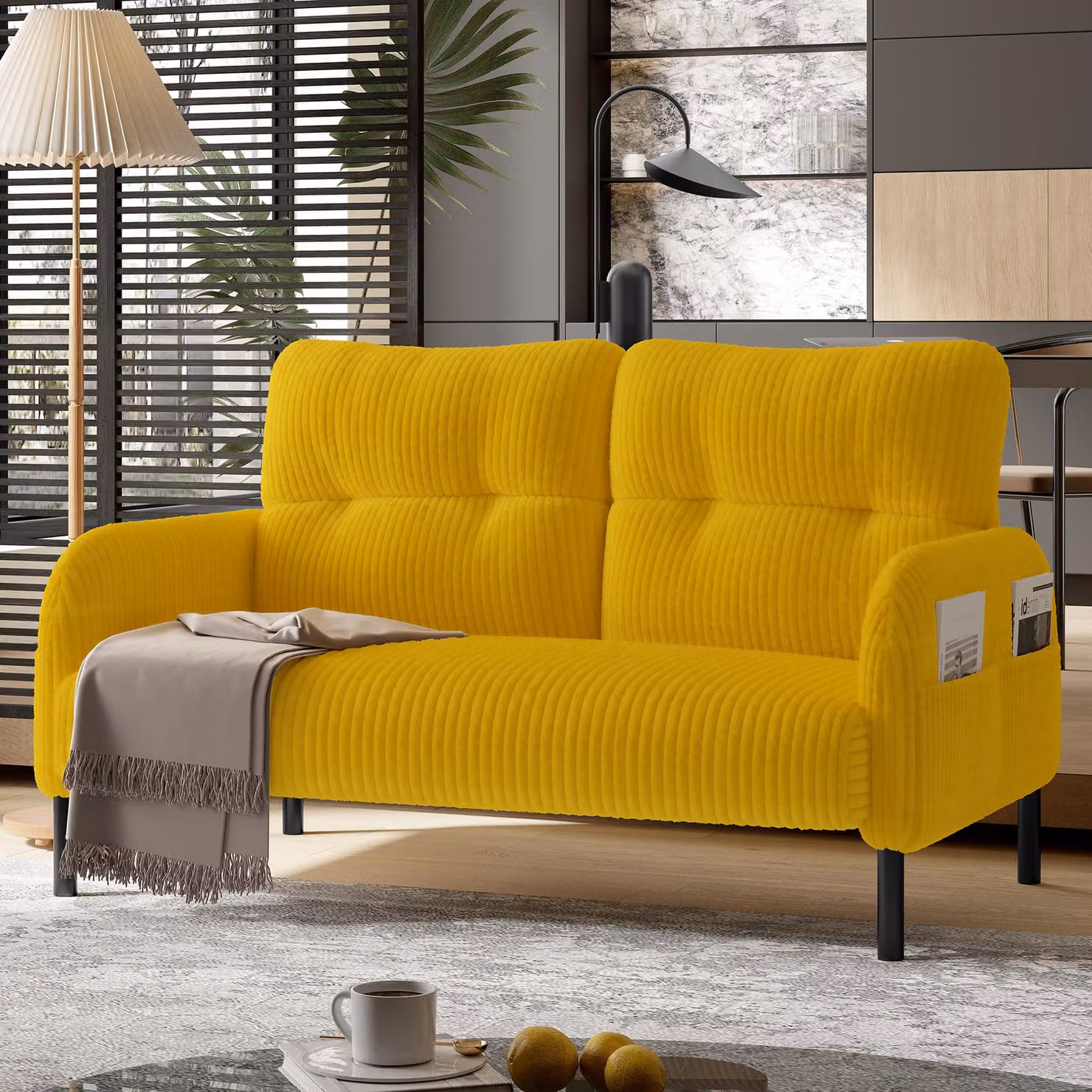 okwish Poltrona moderna a due posti, con schienale ergonomico e braccioli, rivestita in tessuto vellutato, con gambe in metallo e tasche laterali, colore giallo