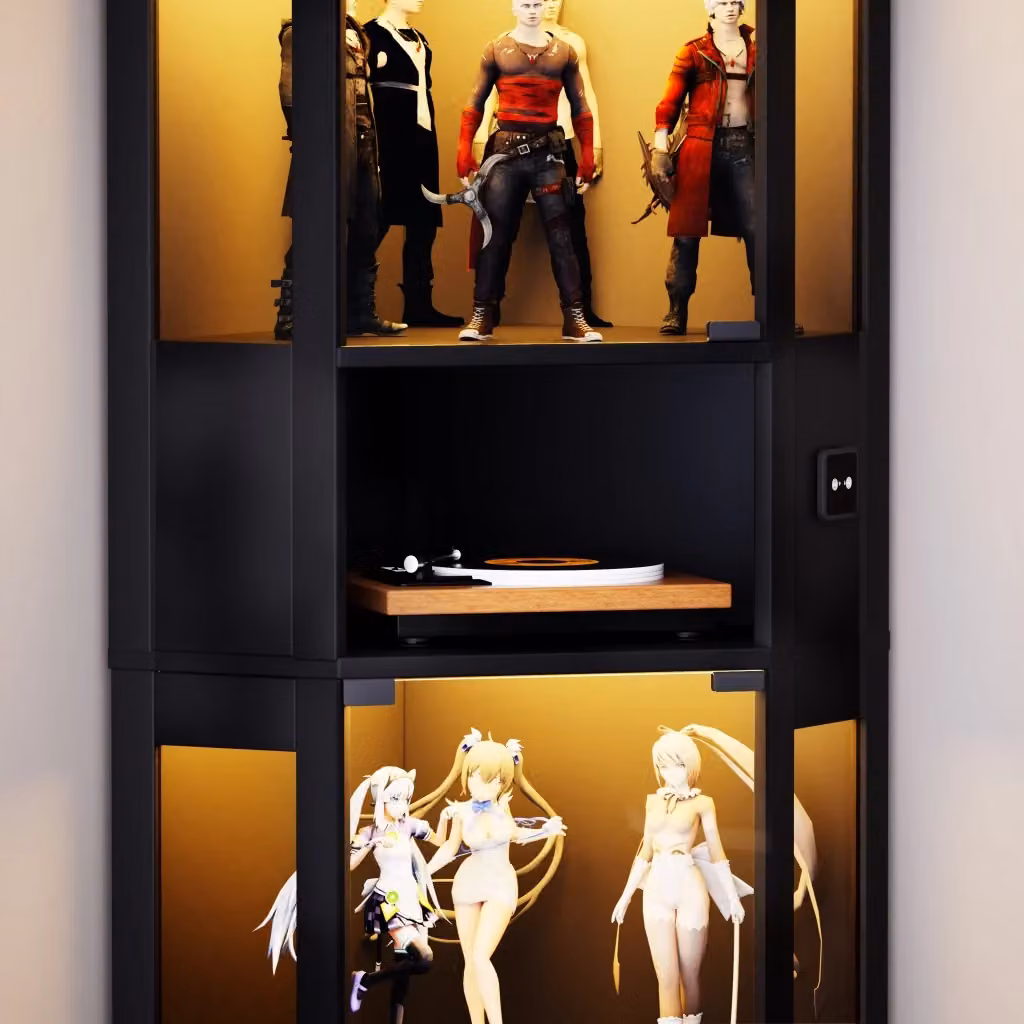 Vetrina WISHDOR moderna con ante in vetro, illuminazione LED e sensore di movimento, struttura in MDF nero, H: 165 cm, L: 57 cm, P: 40 cm – 2