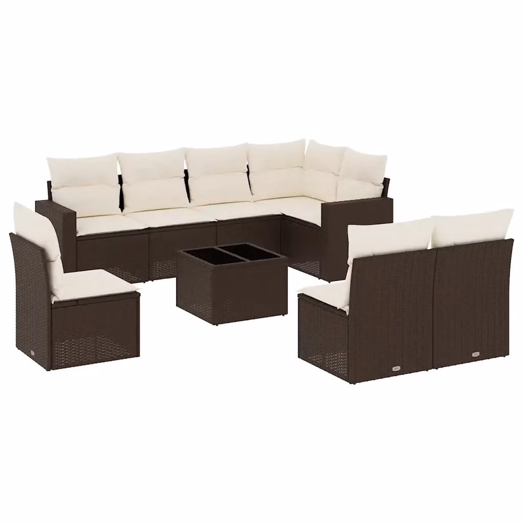 vidaXL Set Divani da Giardino 9pz in Polyrattan Marrone con Cuscini e Tavolino da Esterno – 2