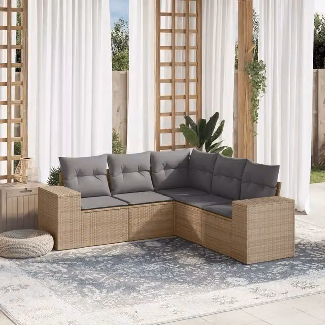 Set Divano da Giardino 5 pz con Cuscini Beige in Polyrattan 3222548