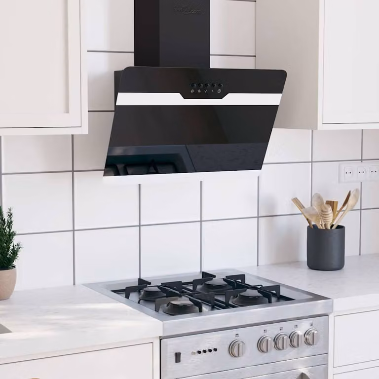 vidaXL Cappa da parete in acciaio e vetro temperato nero con display LED, modalità aspirazione o ricircolo, L: 60 cm