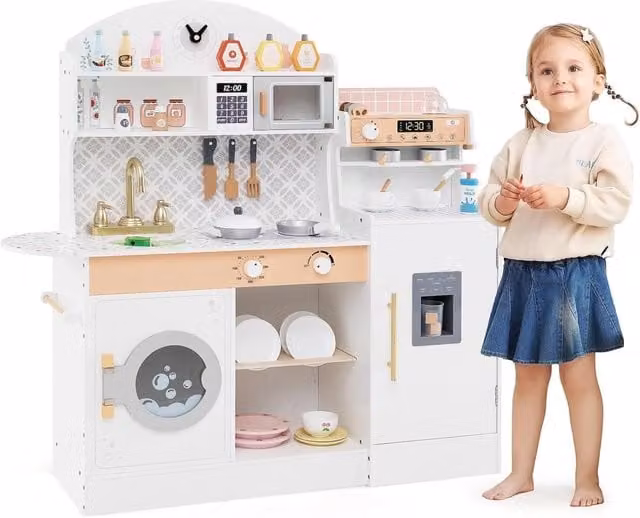 Cucina Giocattolo in Legno COSTWAY con Macchina da Caffè e del Ghiaccio, Lavatrice, Microonde e 27 Accessori, L/P/H: 106 x 30 x 105 cm, Bianco