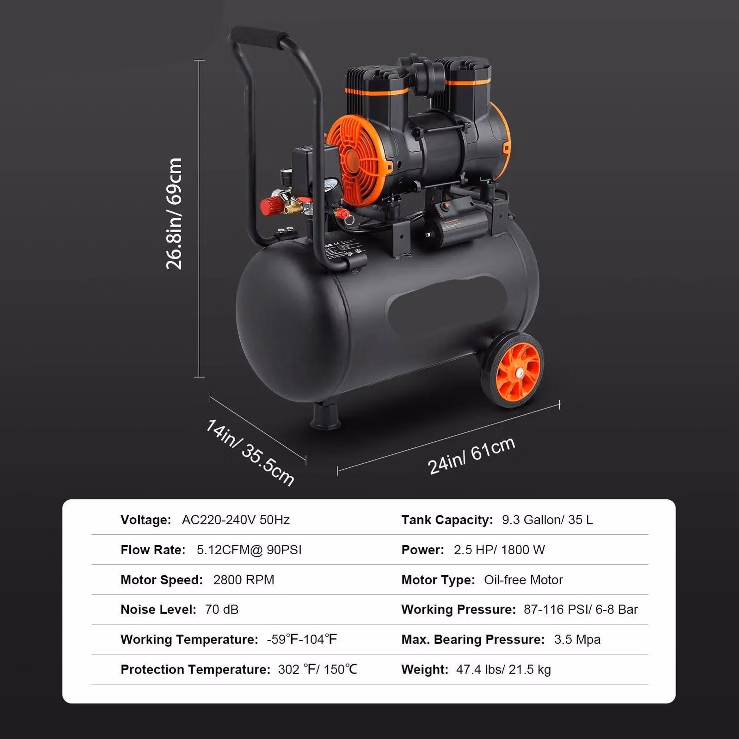Compressore d'aria silenzioso e senza olio - Compressore d'aria - Compressore d'aria per gonfiaggio pneumatici - Bassa rumorosità (70 dB) - Capacità di 9,3 galloni