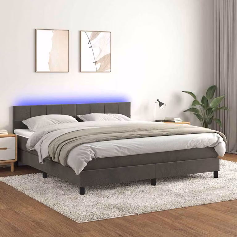 Letto Ibrido vidaXL con Materasso, Illuminazione LED Sotto il Letto e Porte USB, Rivestimento in Velluto Grigio e Bianco, L/P/H: 180 x 200 x 88 cm