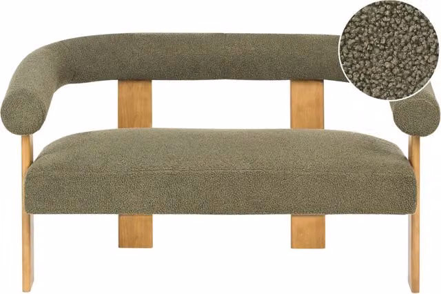 Divano a 2 posti Beliani in tessuto bouclé verde e marrone scuro con gambe in legno stile retrò L: 138 cm, P: 76 cm, H: 68 cm