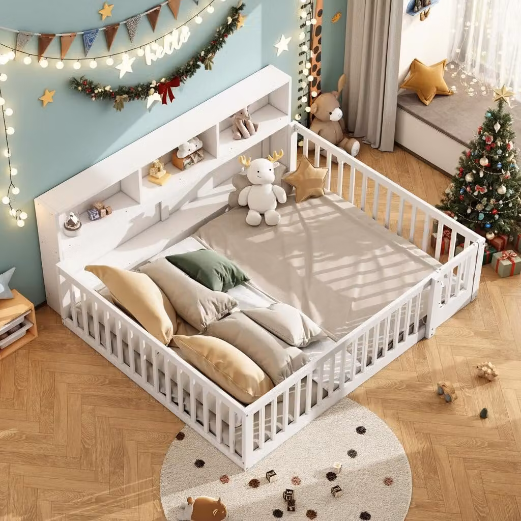 okwish divano letto da giorno 140x200 cm con rete a doghe, letto per bambini a terra con contenitore, letto in legno con ringhiera (senza materasso) - bianco