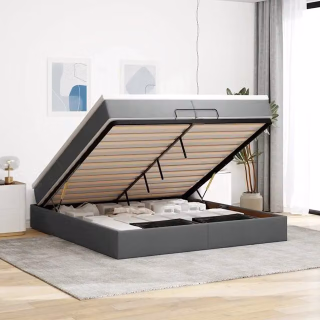 Letto con contenitore a sollevamento vidaXL in tessuto grigio e bianco L: 200 cm, P: 200 cm, H: 280 cm