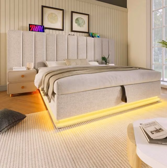 Letto contenitore 180x200 cm in lino beige con LED e USB-C, senza materasso