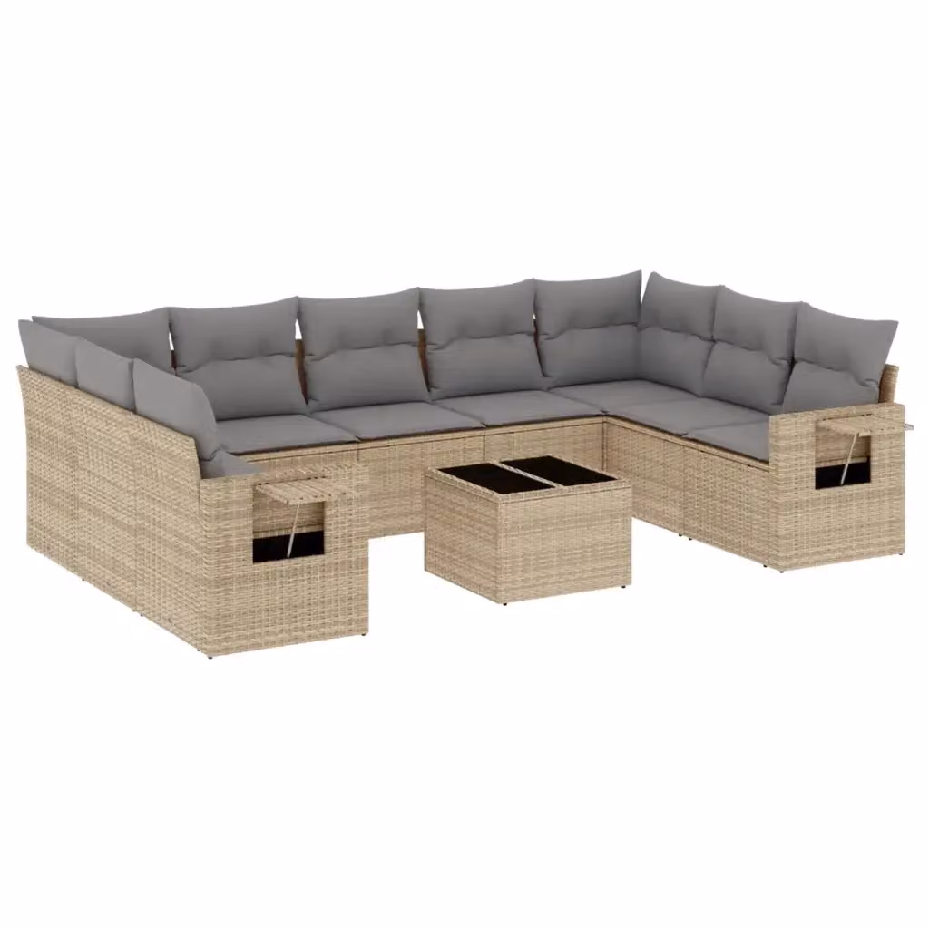vidaXL Set Divano da Giardino 10 pz a Forma a L in Polyrattan con Cuscini Beige e Tavolino in Vetro – 2